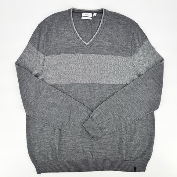 Calvin Klein Merino Wool Italain Knit Blend Color-block Striped V Sweater - Picture 2 of 11